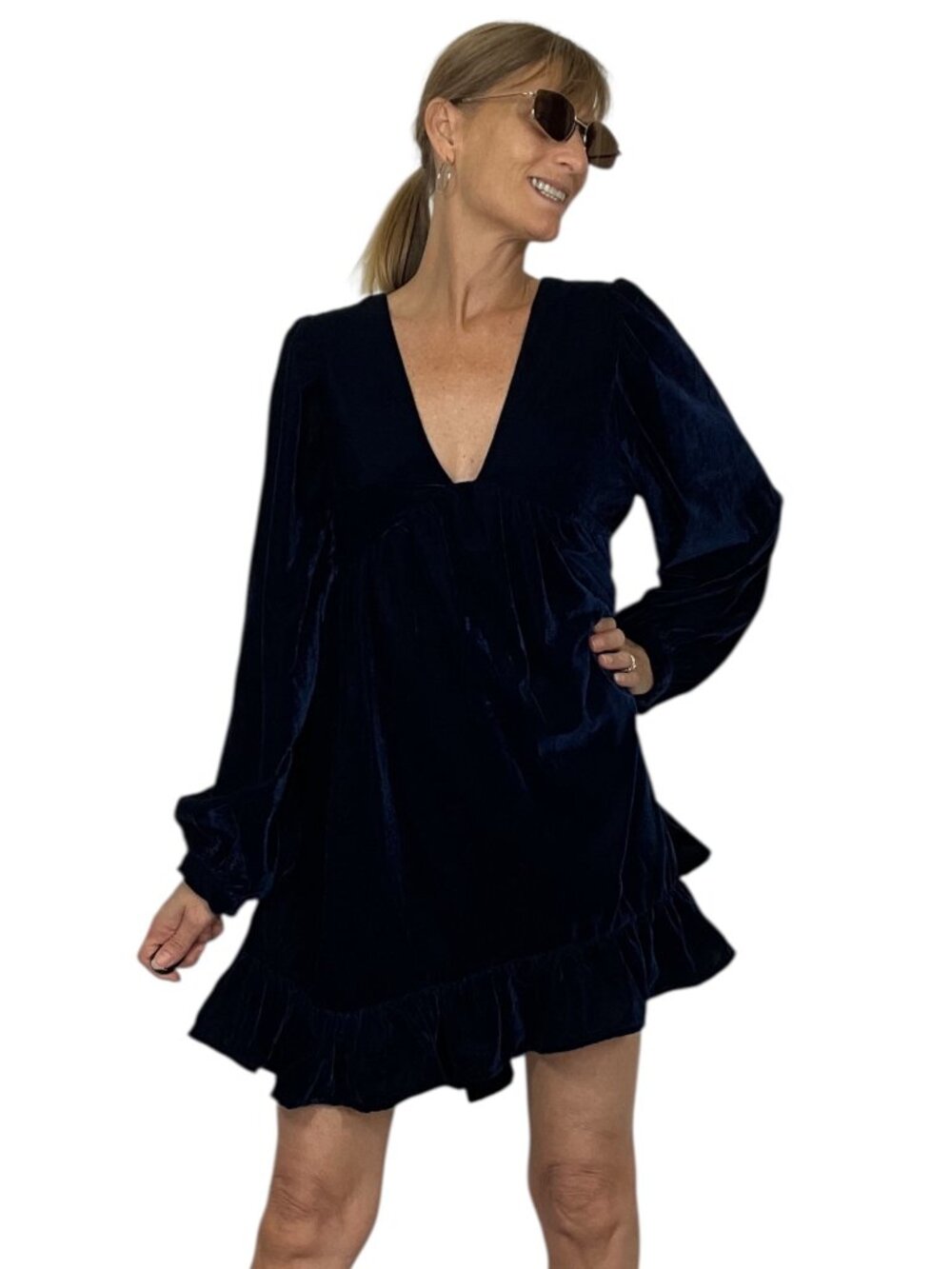 Free People Estella Velvet Mini Dress S Blue Babydoll Long Sleeve - Picture 2 of 16